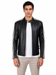 Men's black sheepskin leather jacket, front view