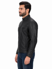 Men's black sheepskin leather jacket, collar detail
