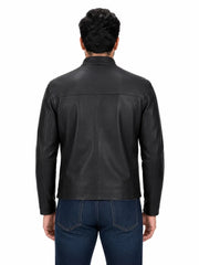 Men's black sheepskin leather jacket, back view