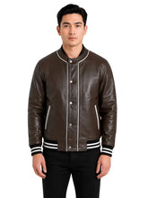 Men's Black Sheepskin Leather Jacket with Contrast Piping and Striped Ribbed Cuffs, side view