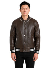 Men's black sheepskin leather jacket, side view