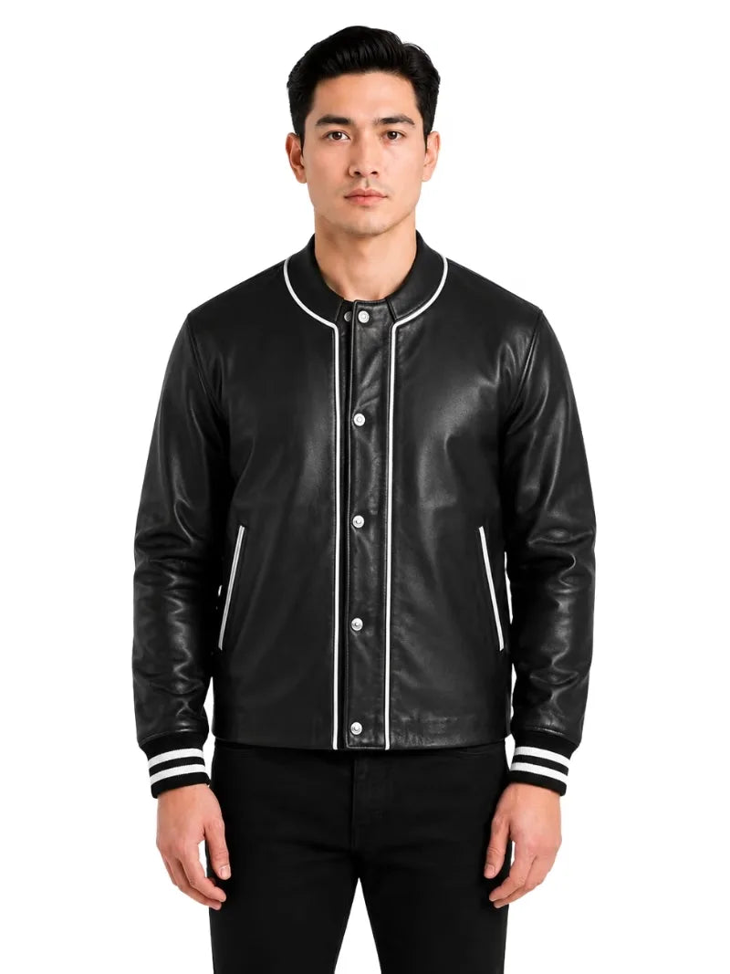 Men's black sheepskin leather jacket, front view
