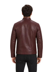Men's black sheepskin leather jacket, back view
