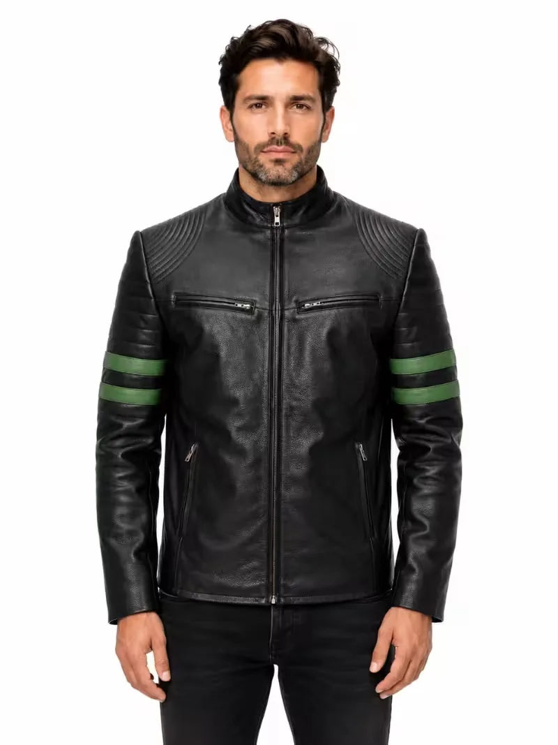 Men's black sheepskin leather jacket, front view