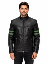 Men's Black Sheepskin Leather Jacket with Dual Zip Chest Pockets and Striped Sleeves, front view