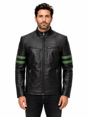 Men's black sheepskin leather jacket, front view