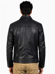 Men's sheepskin leather shirt jacket, back view