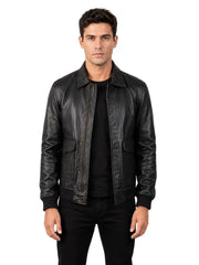 Men's black sheepskin leather shirt jacket, front view