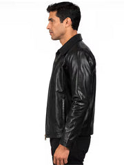 Men's black sheepskin leather shirt jacket, collar detail