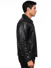 Men's black sheepskin leather shirt jacket, side view