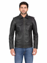 Men's Black Sheepskin Leather Jacket with Shoulder Epaulettes and Flap Chest Pockets, front view