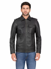 Men's black sheepskin leather jacket, front view