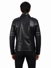 Men's black sheepskin leather jacket, back view