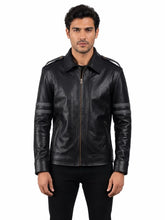 Men's Black Sheepskin Leather Jacket with Shoulder Epaulettes and Sleeve Stripe Detail, front view