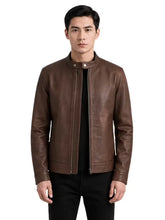 Men's Black Sheepskin Leather Jacket with Snap Band Collar and Concealed Zip Front, side view