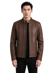 Men's black sheepskin leather jacket, side view