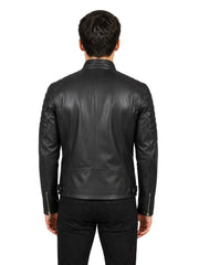 Men's black sheepskin leather jacket, back view