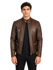 Men's black sheepskin leather jacket, side view