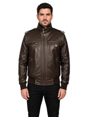 Men's black sheepskin leather jacket, collar detail