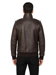 Men's black sheepskin leather jacket, side view