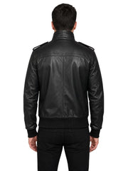 Men's black sheepskin leather jacket, back view
