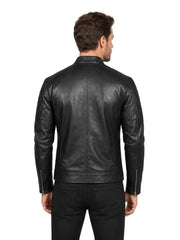 Men's black sheepskin leather jacket, back view