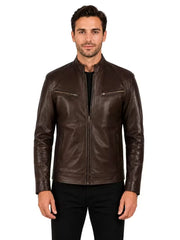 Men's black sheepskin leather jacket, side view