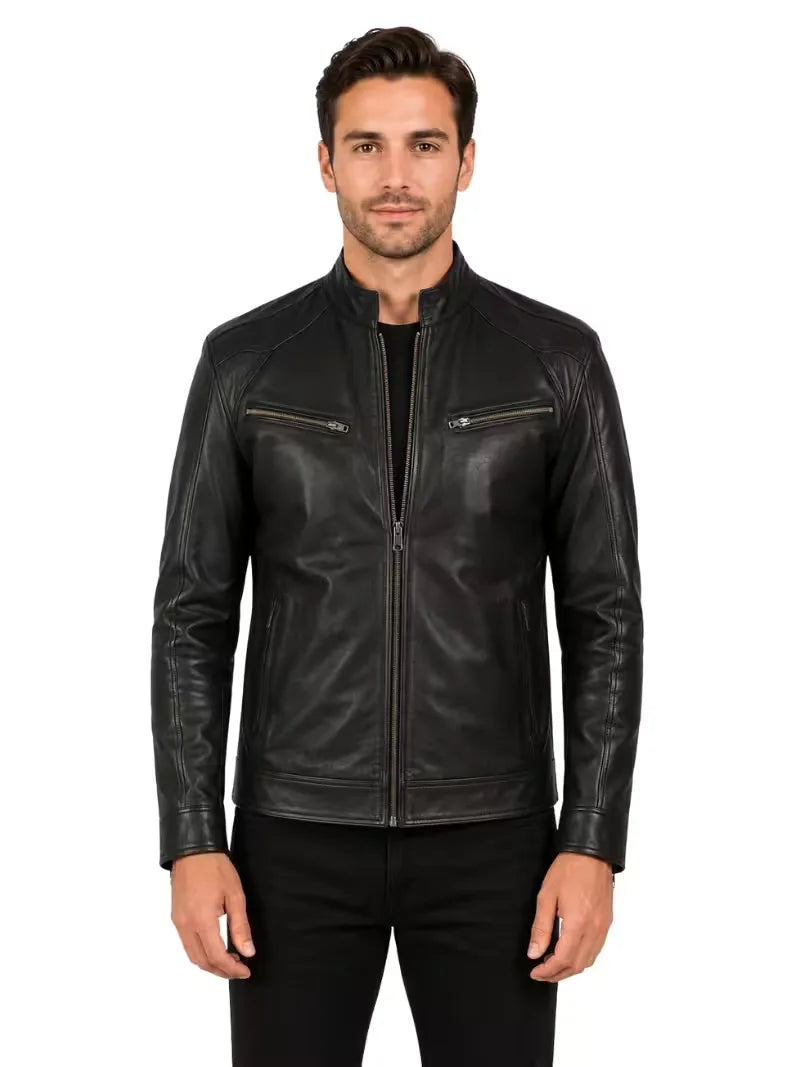 Men's black sheepskin leather jacket, front view