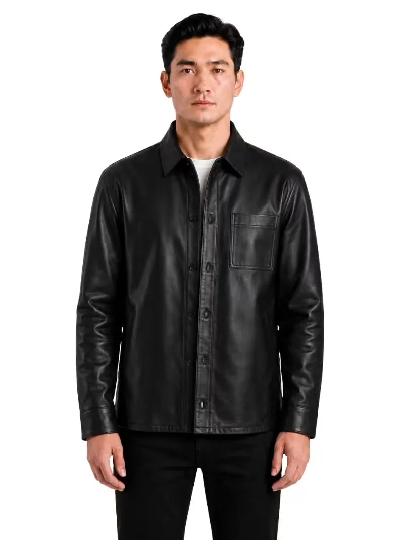 Men's black sheepskin leather shirt jacket, front view