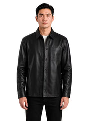 Men's black sheepskin leather shirt jacket, front view