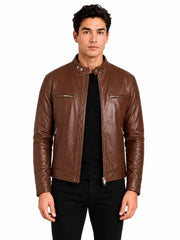 Men's black sheepskin leather jacket, side view