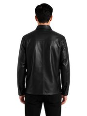 Men's black sheepskin leather shirt jacket, back view