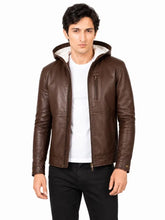 Men's Black Sheepskin Leather Hooded Jacket with Snap Cuff Sleeves, side view