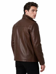 Men's black sheepskin leather jacket, collar detail