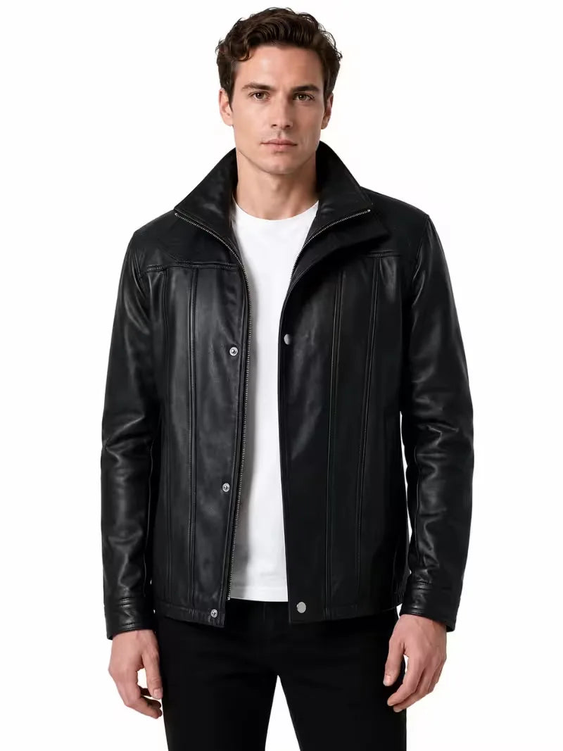 Men's black sheepskin leather jacket, front view