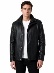 Men's black sheepskin leather jacket, front view