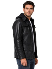 Men's black sheepskin leather jacket, side view