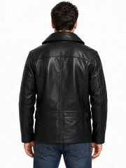 Men's black sheepskin leather jacket, back view