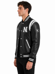 Men's black sheepskin leather jacket, collar detail