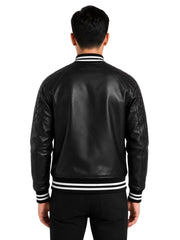 Men's black sheepskin leather jacket, back view