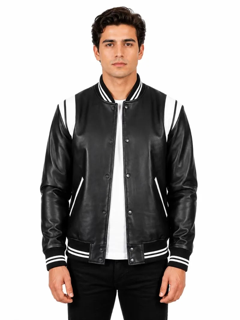 Men's black sheepskin leather jacket, front view