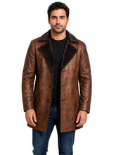 Men's brown shearling leather coat, front view