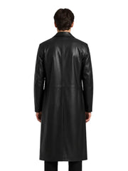 Men's black sheepskin leather coat, back view