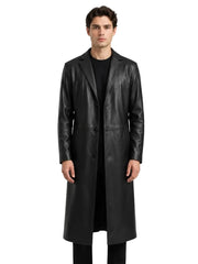 Men's black sheepskin leather coat, front view