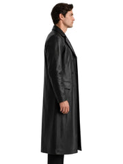 Men's black sheepskin leather coat, side view