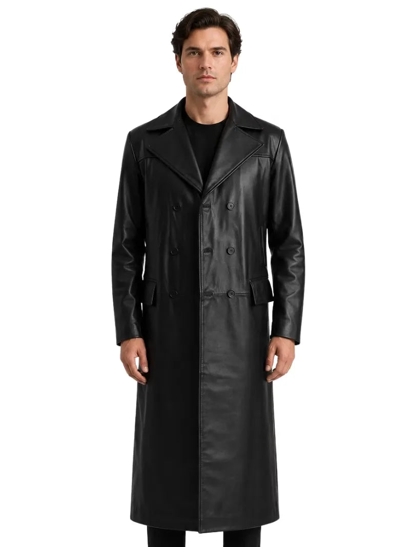 Men's black sheepskin leather coat, front view