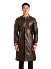 Men's black sheepskin leather coat, side view
