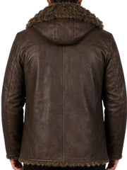 Men's black sheepskin sleeves leather coat, side view