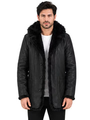 Men's black sheepskin sleeves leather coat, front view