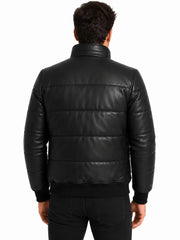 Men's black sheepskin leather jacket, back view